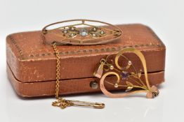 AN EARLY 19TH CENTURY GOLD BROOCH AND PENDANT, an open work gold bar brooch, set with a circular cut