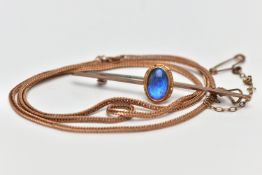 A 9CT GOLD CHAIN NECKLACE AND ROSE METAL BAR BROOCH, a rose gold foxtail link chain, approximate