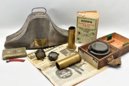 A BOX CONTAINING SEVERAL ITEMS OF MILITARY INTEREST, as follows, a metal hat box for fitting a