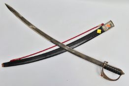 AN EXAMPLE OF AN INDIAN CURVED SWORD & SCABBARD, blade is etched and has 'Made in India' metal and