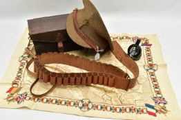 A BOX CONTAINING VARIOUS MILITARY RELATED ITEM AS FOLLOWS, WW1/2 era Soldiers/officers Cap,