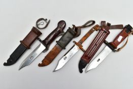 THREE RUSSIAN KNIFE BAYONETS FOR USE WITH THE AK47 RIFLE, a MKi with plastic grip and pommel, the