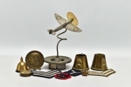 A BOX CONTAINING VARIOUS MILITARY ITEMS as follows, Scratch made WW2 Fighter model in metal on