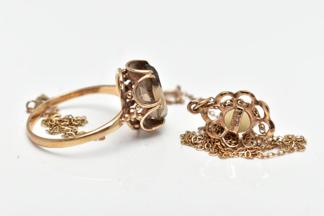 A 9CT GOLD RING AND PENDANT, an oval cut smoky quartz, prong set with an open work scalloped - Image 3 of 4