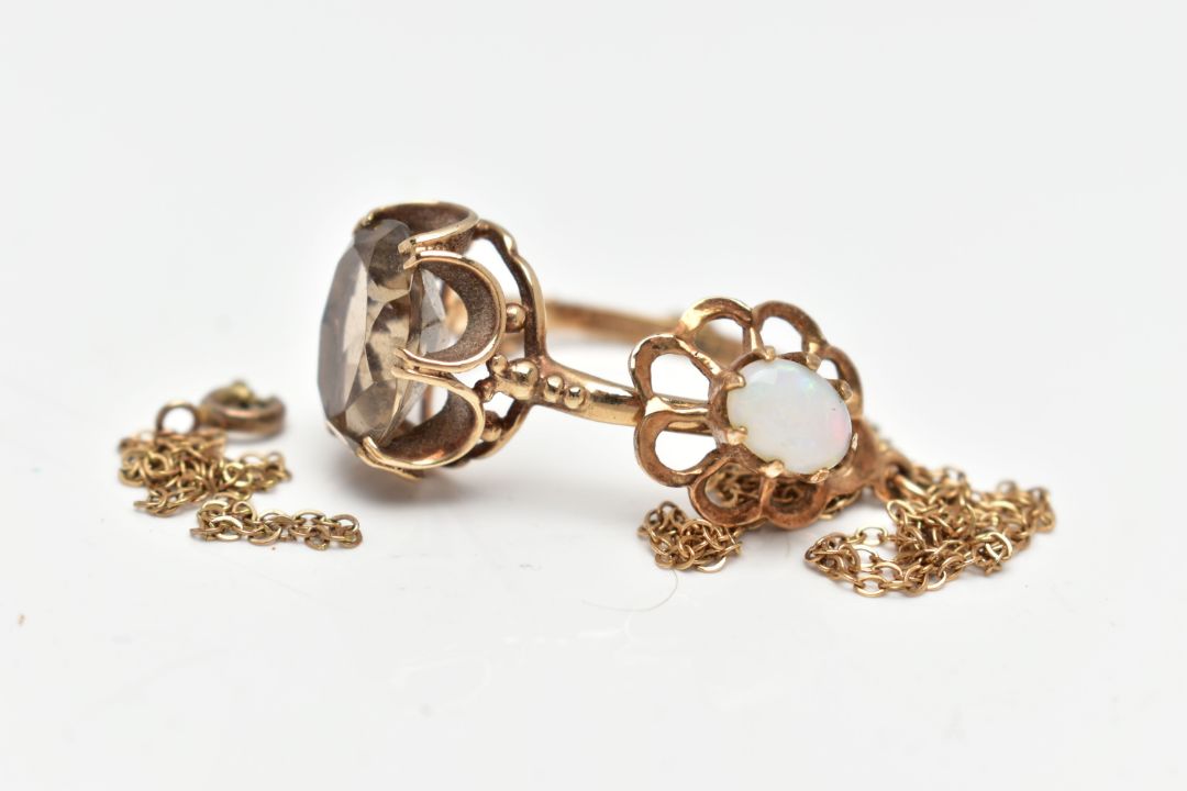 A 9CT GOLD RING AND PENDANT, an oval cut smoky quartz, prong set with an open work scalloped - Image 2 of 4