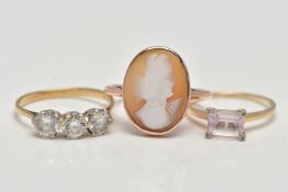 THREE RINGS, the first set with three circular cut colourless cubic zirconia, each claw set within a