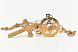A 9CT GOLD STAR OF DAVID PENDANT, AND A YELLOW METAL CROSS PENDANT NECKLACE, openwork Star of