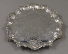 A Victorian engraved silver salver. 30 cm wide. 784.1 grammes.