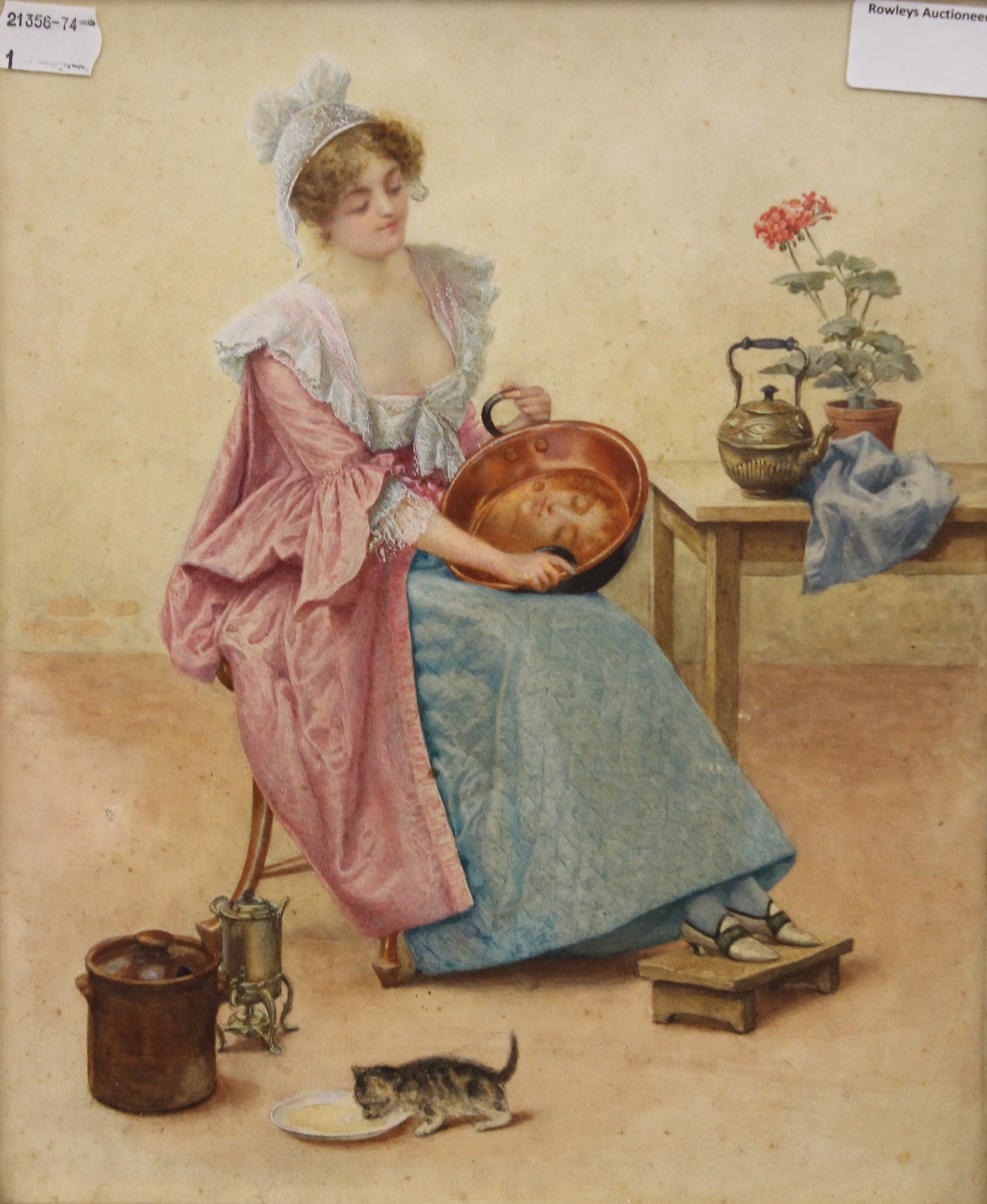CONTINENTAL SCHOOL (19th century), A Loosely Clad Maid Polishing a Copper Pan to Reveal her Face,