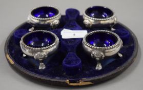 A cased set of four Victorian silver salts. 280.6 grammes.