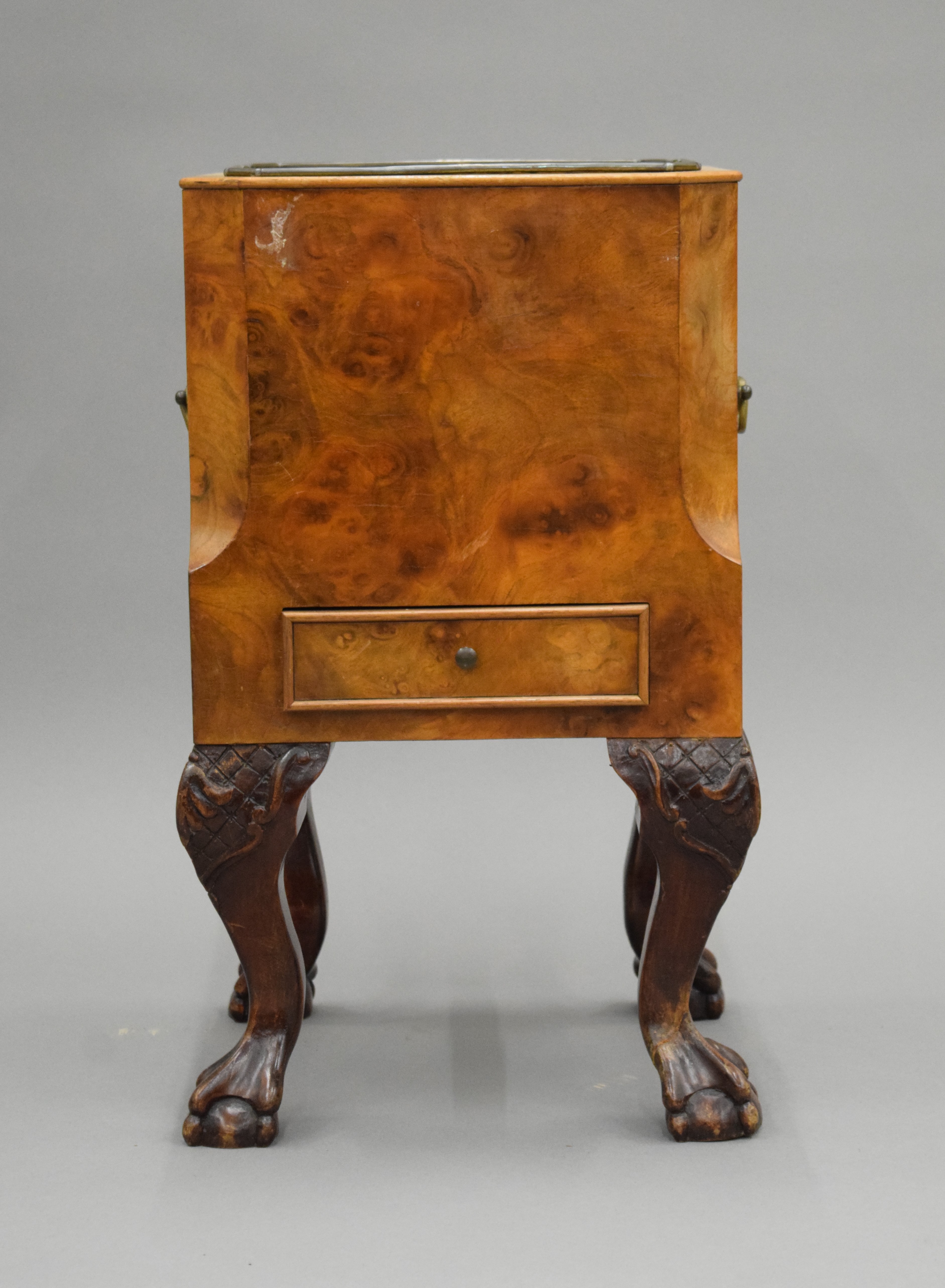 An early 20th century walnut and brass wine cooler. 48 cm high. - Image 2 of 6