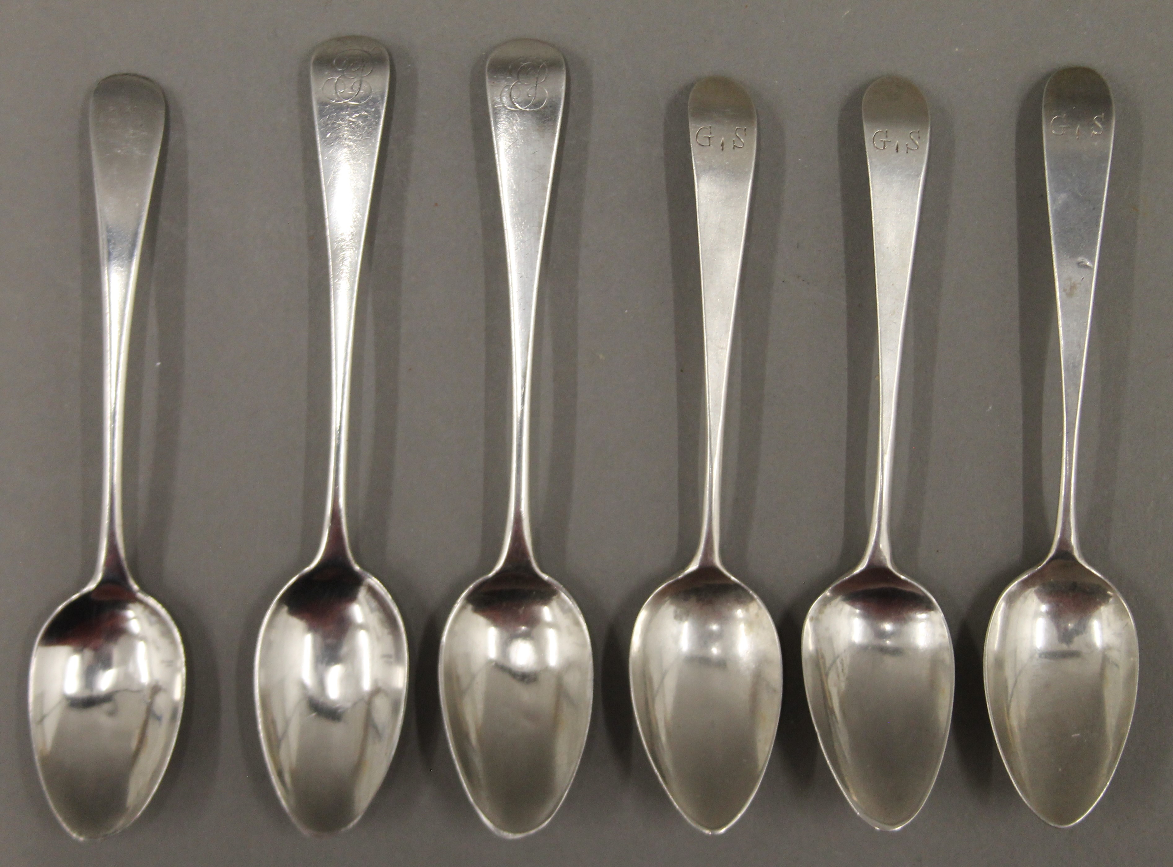 Six Old English Pattern teaspoons by London makers Samuel Godbehere,