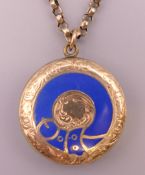 A 9 ct gold enamel pendant locket, the front decorated with a buckle, on a 9 ct gold chain.