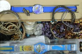 A box of costume jewellery, watches, etc.