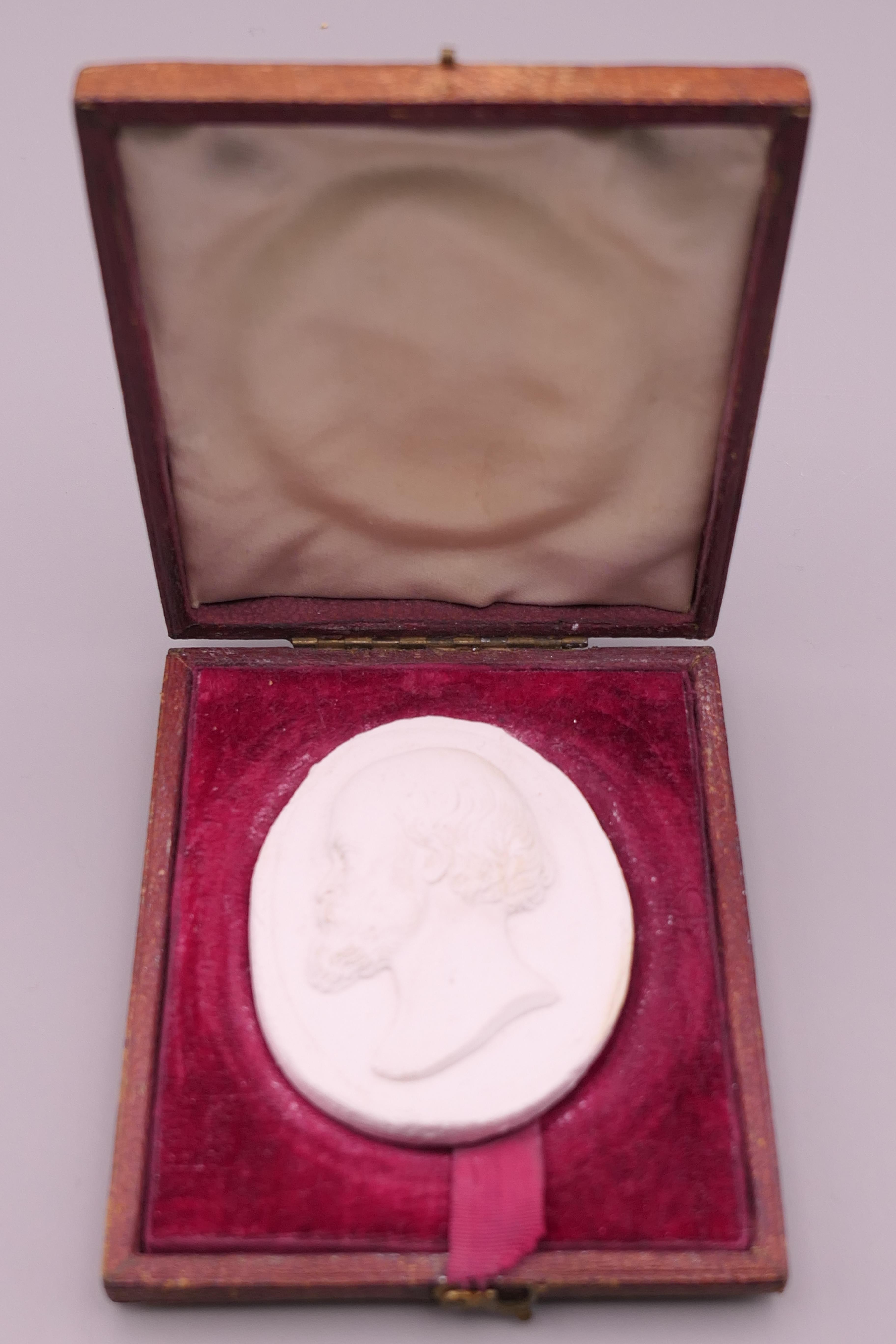 A boxed plaster intaglio depicting a bearded gentleman. 5.5 cm x 4.5 cm.