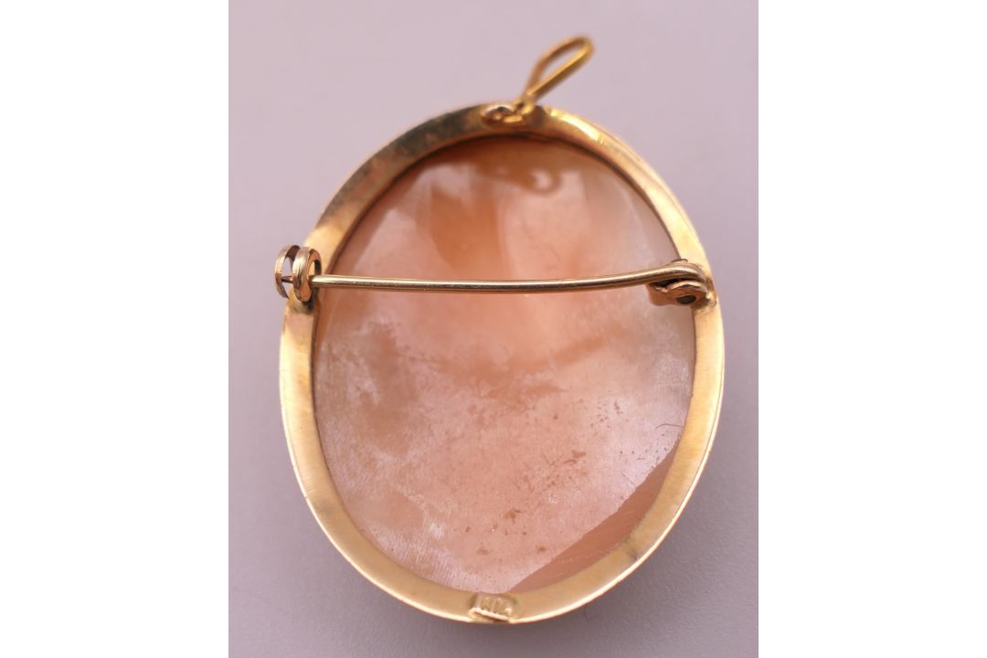 A 9 ct gold mounted cameo pendant on chain and a cameo brooch. Pendant 2 cm high, brooch 3. - Image 5 of 5