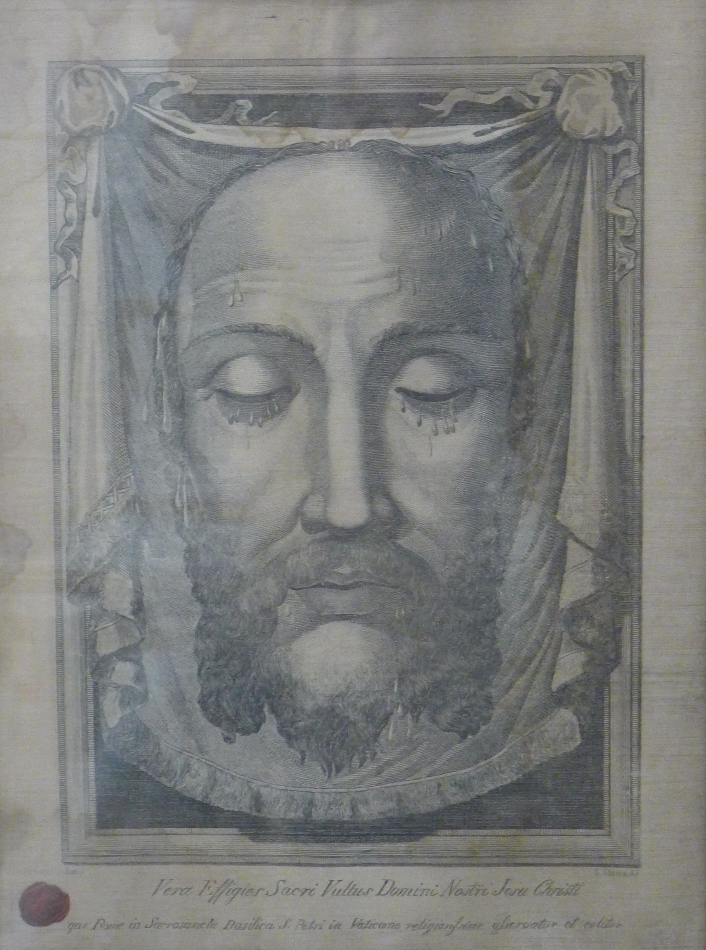 An early etching of The Shroud of Christ, framed and glazed, with wax seal. 25.5 x 34 cm.