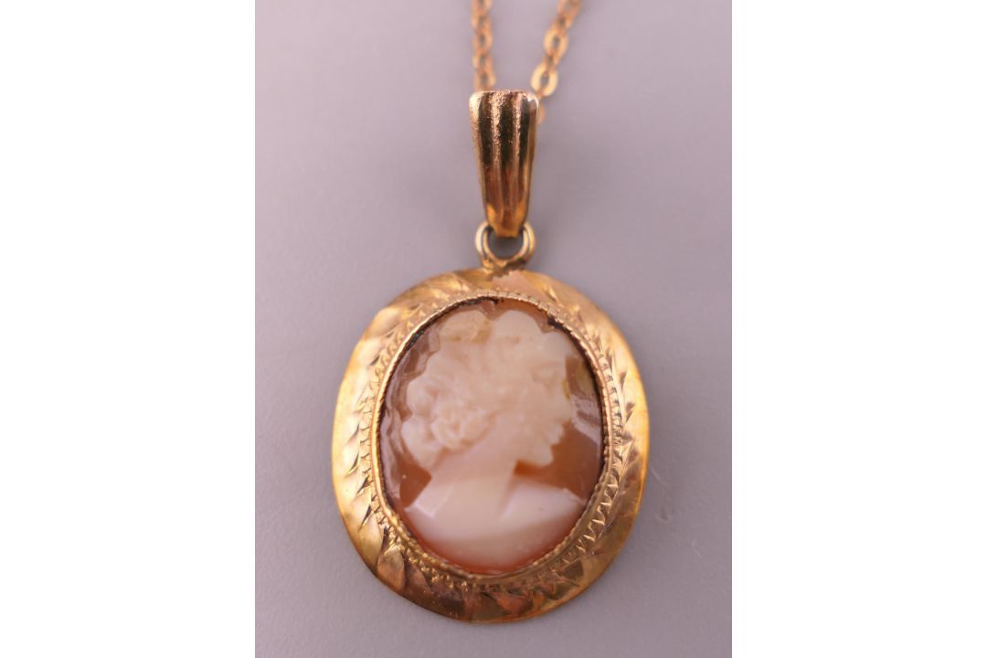 A 9 ct gold mounted cameo pendant on chain and a cameo brooch. Pendant 2 cm high, brooch 3. - Image 2 of 5