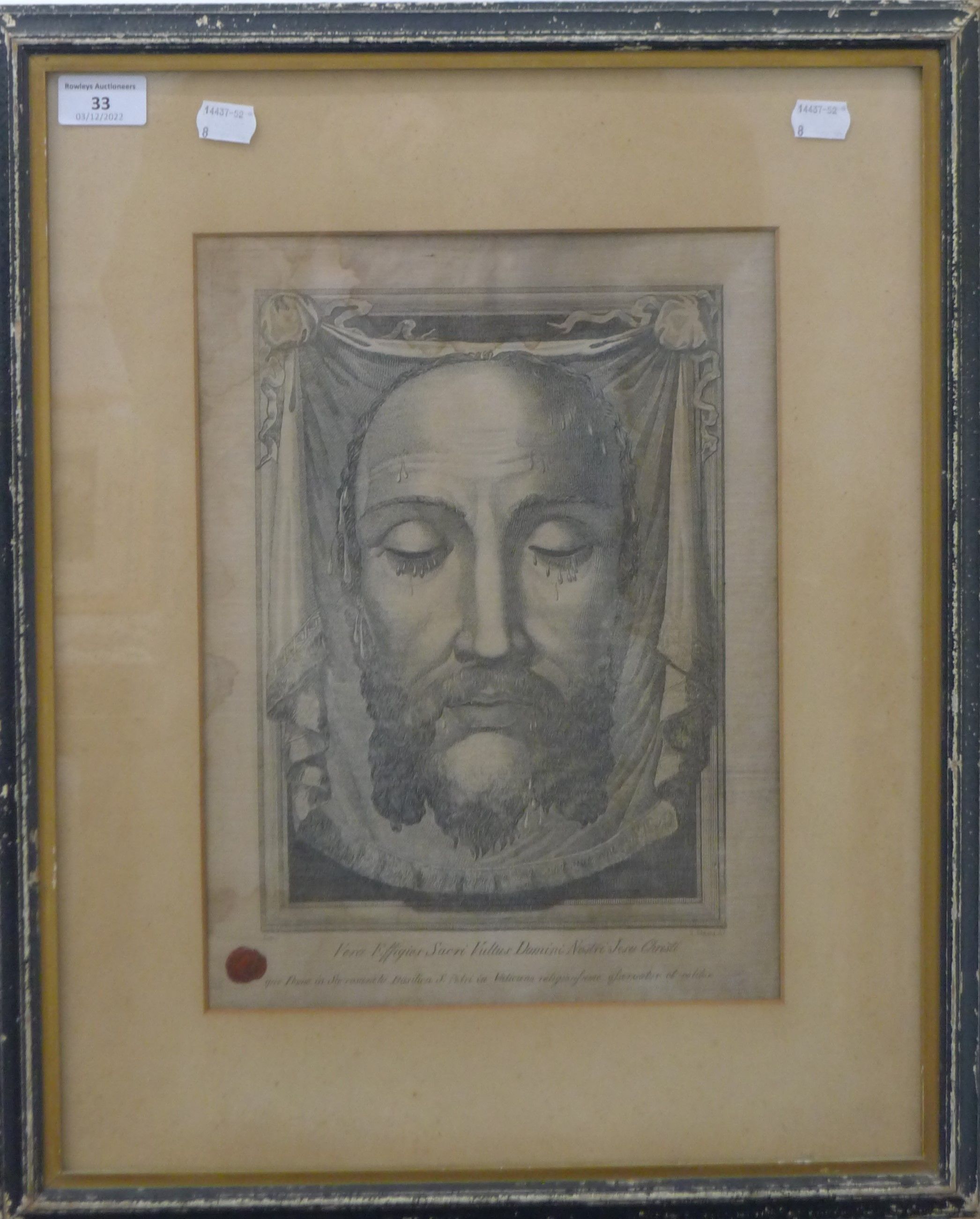 An early etching of The Shroud of Christ, framed and glazed, with wax seal. 25.5 x 34 cm. - Image 2 of 2