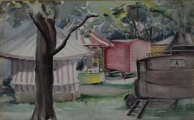 Ethel Oates naive watercolour circus or fairground scene, signed lower right, 22 x 35cm, in