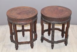 Pair of late 19th/20thC Chinese elm, burr and Padauk wood circular side tables or jardinière