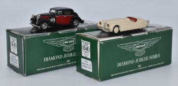 Two Jaguar Diamond Jubilee Series 1:43 scale diecast model vehicles Jaguar XK 120 Jabbeke 1949 JW8