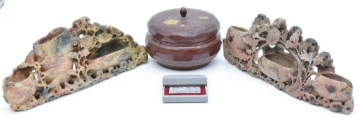 Pair of 19th/20thC Chinese carved soapstone spill vases, each 31cm long, together with a Japanese