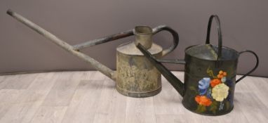 Galvanised Haws watering can, length 80cm and a toleware example