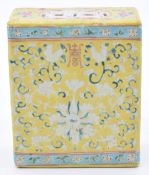 Chinese 19th/20thC porcelain pillow with enamelled decoration on yellow ground, W15 x D12 x H6cm