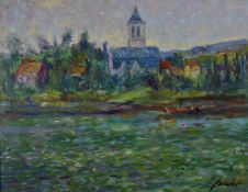 Andre Bicat (1909-1996) oil on board impressionist landscape 'Nevers' French landscape, with town