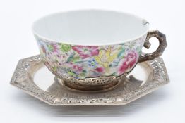 Chinese 19thC millefiori teacup decorated with flowers, with six character Kangxi mark to base,