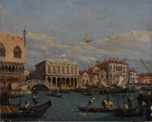 Amedeo Giunti oil on canvas Venetian scene with gondalas on the Grand Canal beside the Doges Palace,