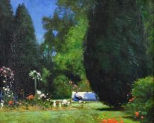 Charles Waldo Adin (1854-1930) impressionist oil on canvas lady relaxing on a bench in a garden,