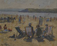 Ian Cryer (b1959) oil on board busy beach scene, signed lower left, 24.5 x 29.5cm, in grey painted