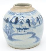 Chinese 19thC blue and white ginger jar decorated with buildings in a landscape, H15cm