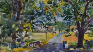 Faith Sheppard (1920-2008) 'Road in Provence' tree lined avenue, signed lower right 19 x 31cm