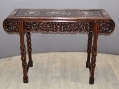 Chinese carved rosewood altar table with mother of pearl inlaid decoration, W122 x D42 x H84cm