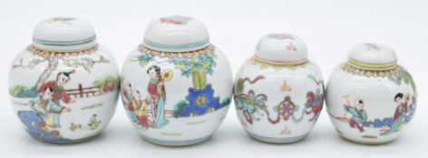 A near set of four graduated Chinese ginger jars, each decorated with figures or dragons, largest