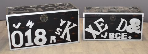 Two novelty storage / play boxes with lettering in relief including 'Welcome', with fabric lined