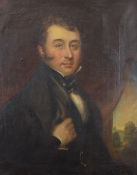 19thC oil on canvas portrait of a gentleman in formal dress with watch chain, 75 x 62cm, in