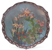 Japanese cloisonné enamel charger with gadrooned rim and decorated with birds, flowers and