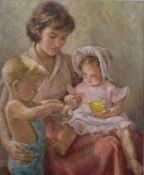 Denys George Wells (1881-1973) oil on canvas mother and children 'Maternal Love', with information