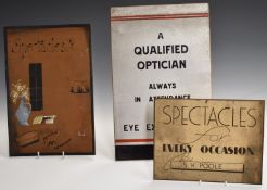 Three vintage card optician's shop display advertising boards, two advertising spectacles, one named