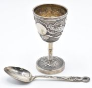 Chinese silver egg cup and spoon embossed with a dragon, Chinese silver marks including maker's mark