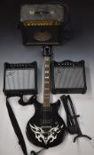 Gear 4 Music electric guitar in black lacquered finish with white motif, together with twin practice
