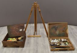 Artist's easel, box, vintage paints etc