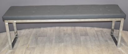 Contemporary chrome and faux leather Chesterfield style bench, W150 x D40 x H89cm