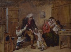 Attributed to Alfred Provis oil on canvas interior scene 'Welcoming Grandpa', 21.5 x 29cm in