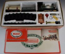Mamod RS1 live steam model railway set with 0-4-0 locomotive, open wagon and lumber truck, in