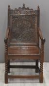 17thC English jointed oak wainscot chair with shaped pediment dated 1682, turned finials and Tudor